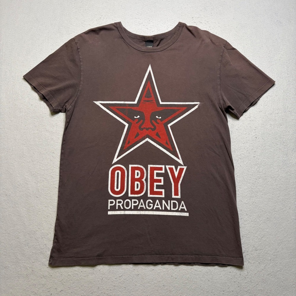 Obey T-Shirt Mens Medium Brown Propaganda Star Logo Graphic Tee Vintage USA